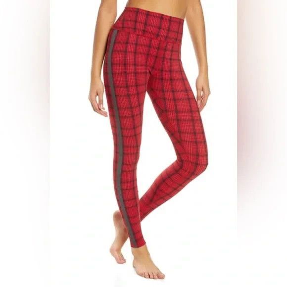 NEW! Wmn's ALO Occasion Buffalo Plaid Leggings in Scarlett Red w/Side Stripe M - Picture 5 of 16